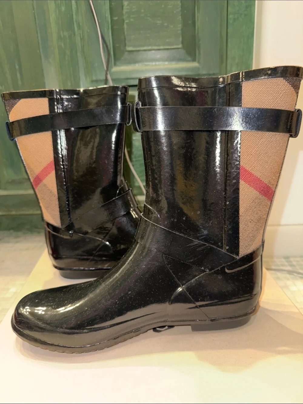 Burberry Black & Tan Patent Check Rain Boots with Buckles